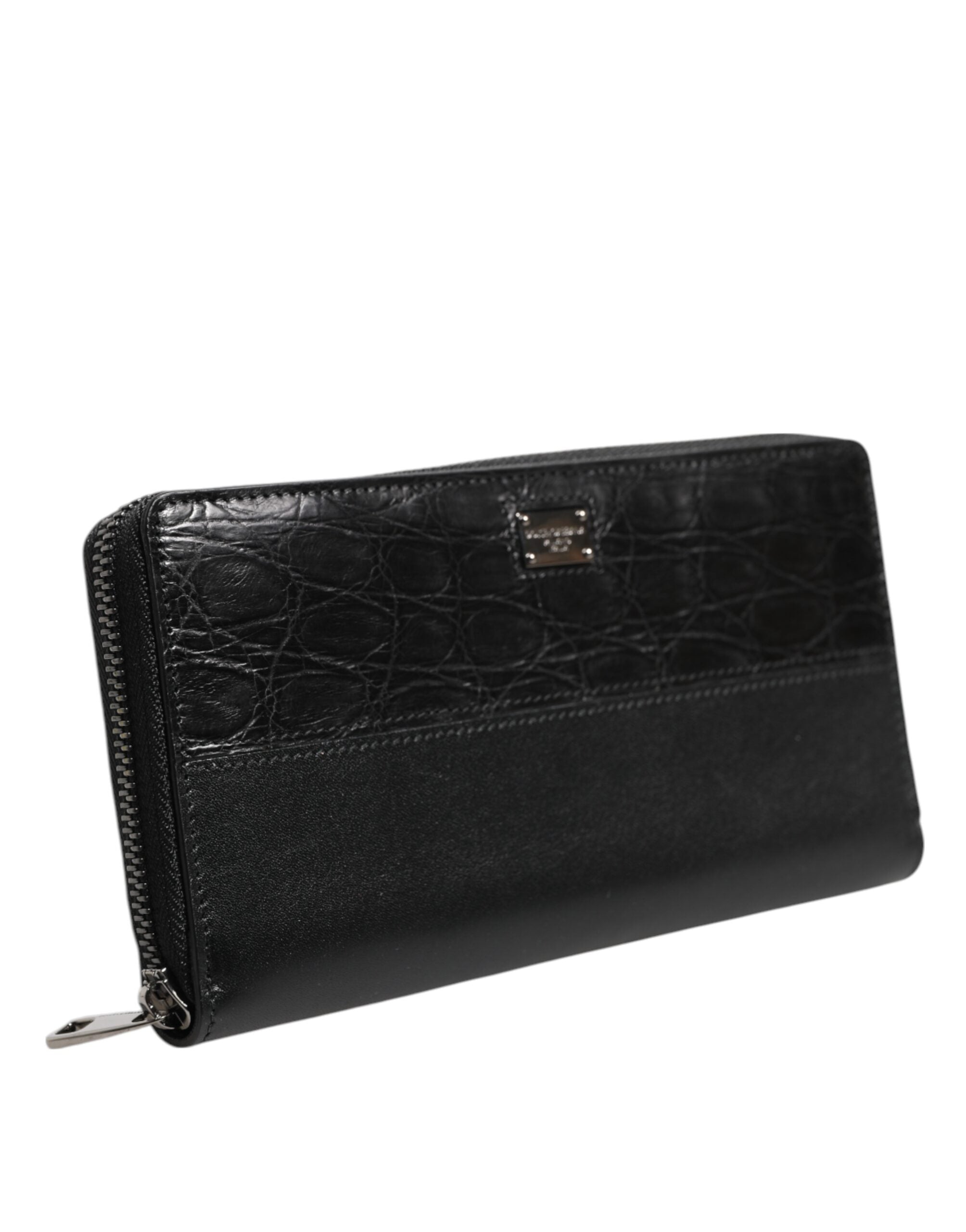 Black Leather DG Plaque Zip Around Continental Wallet